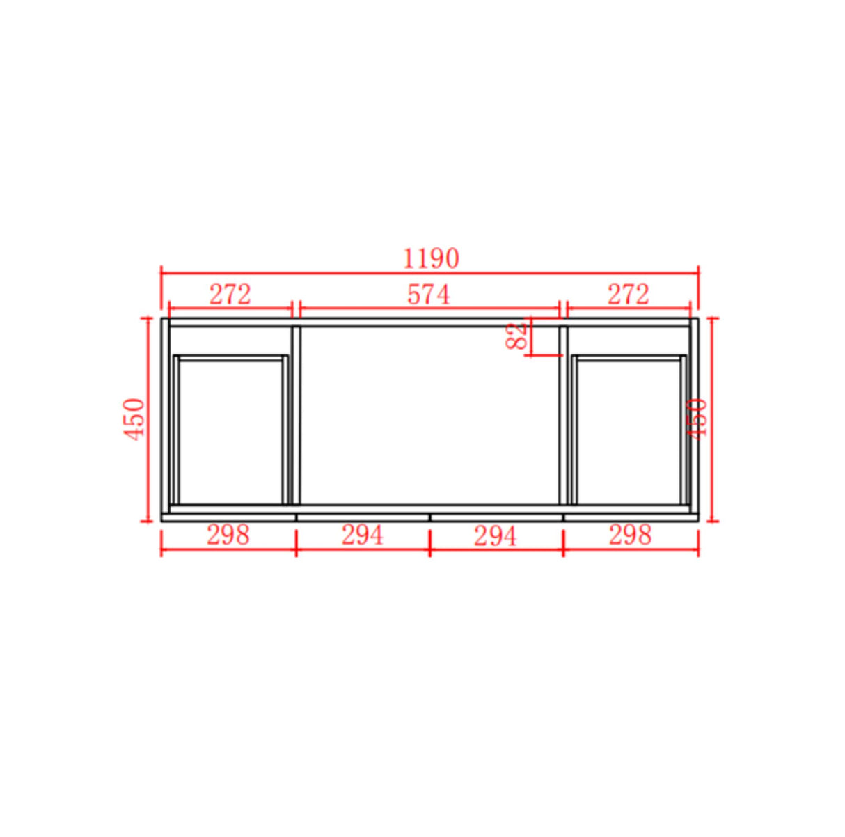 Technical drawing of a window with dimensions labeled