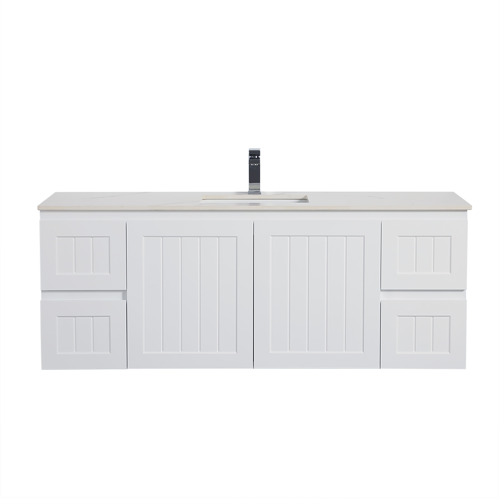 White bathroom vanity with countertop and sink on a white background