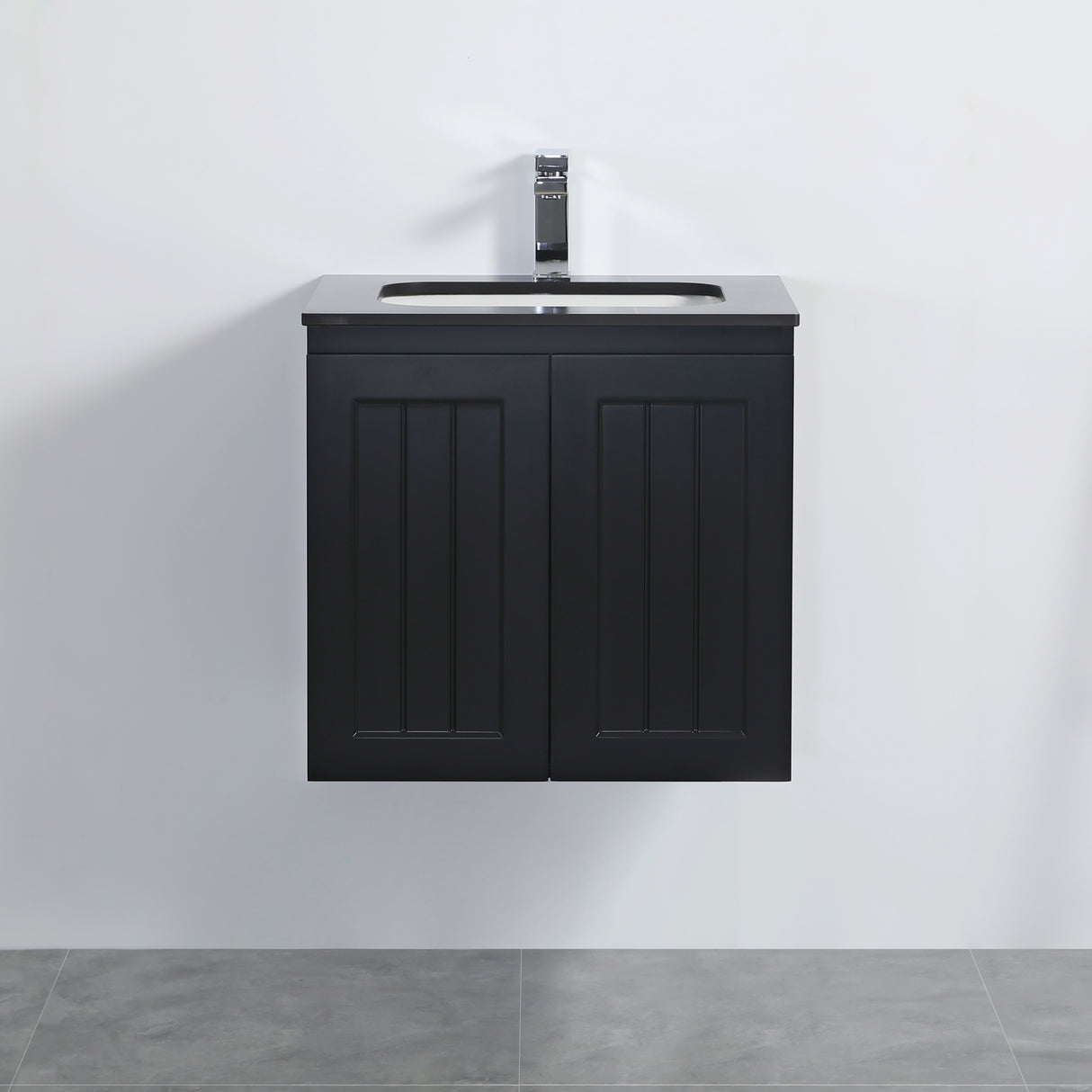 Black wall-mounted cabinet with a sink on a white background