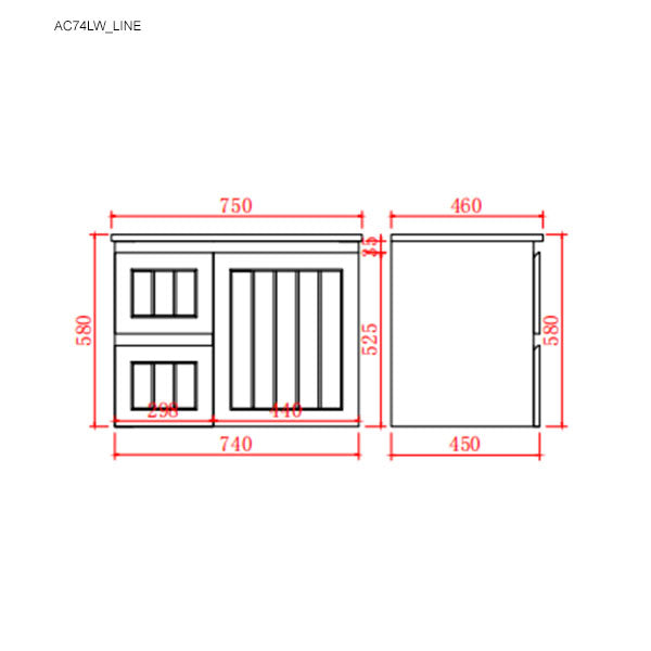 Technical drawing of a cabinet with dimensions labeled