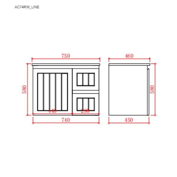 Technical drawing of a cabinet with dimensions labeled