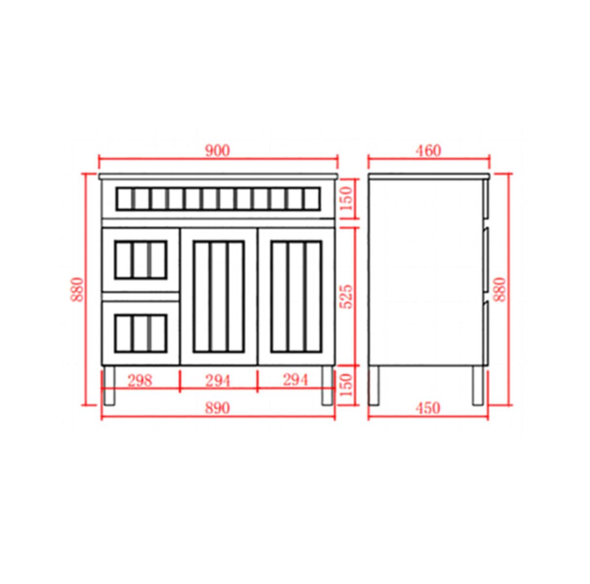 Technical drawing of a cabinet with dimensions labeled