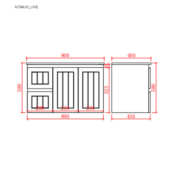 Technical drawing of a cabinet with dimensions labeled