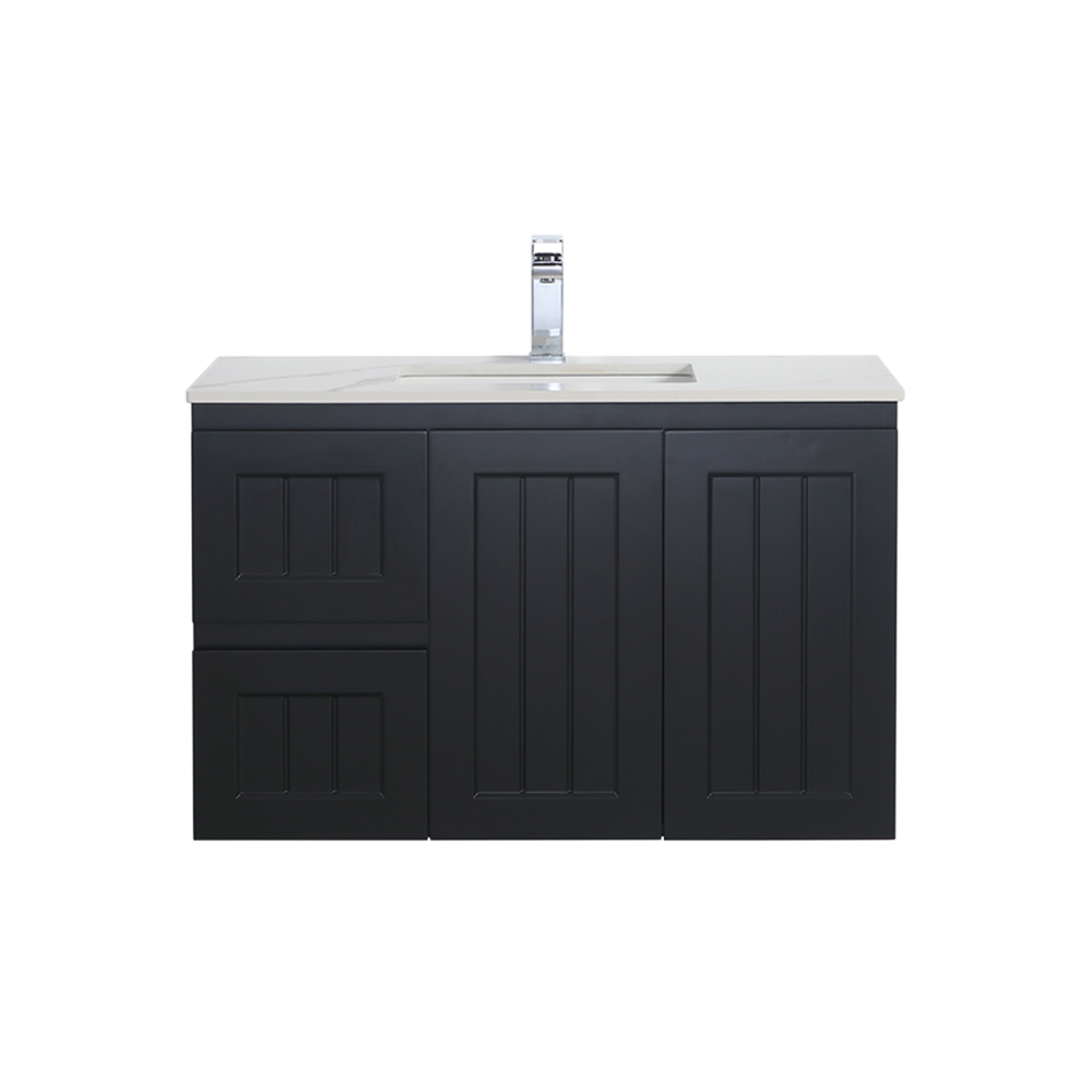 Black bathroom vanity with white countertop and faucet on a white background