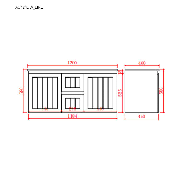 Technical drawing of a cabinet with dimensions labeled