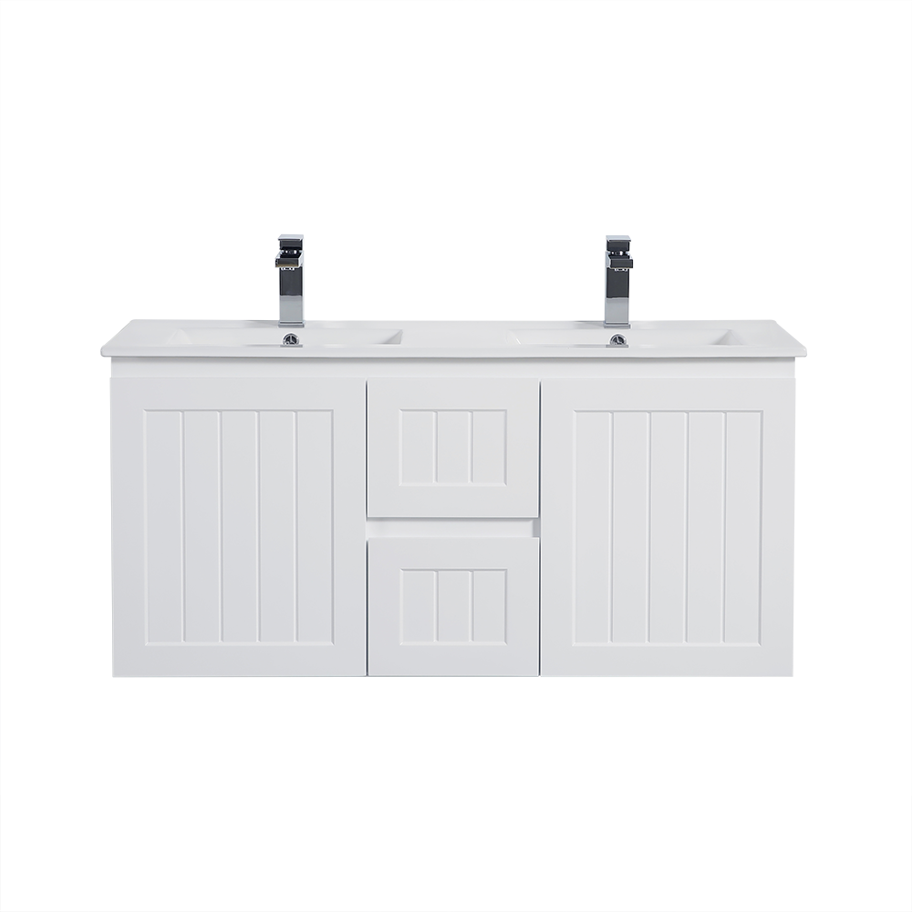 White bathroom vanity with double sink and two faucets on a white background