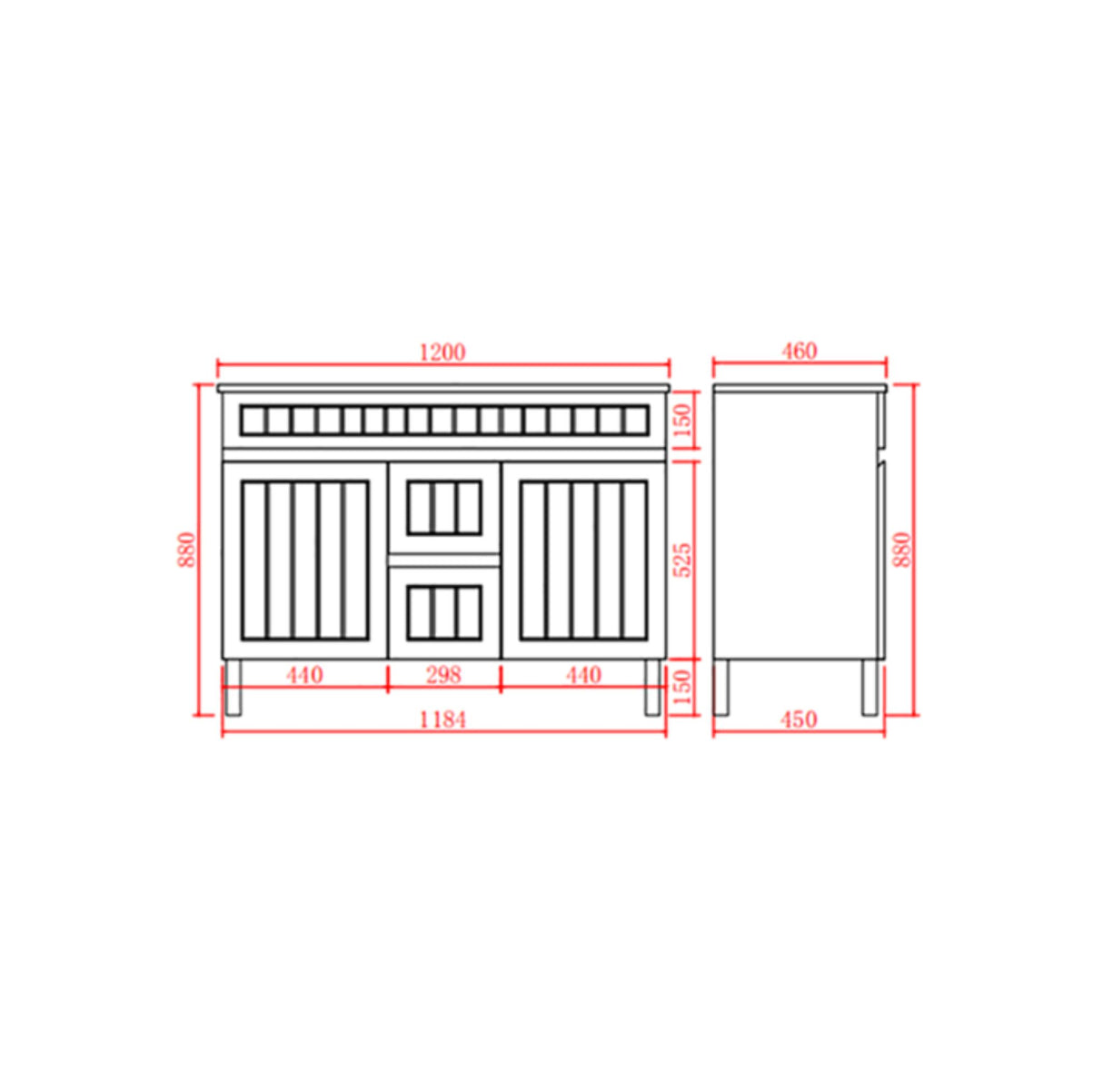 Technical drawing of a cabinet with dimensions labeled