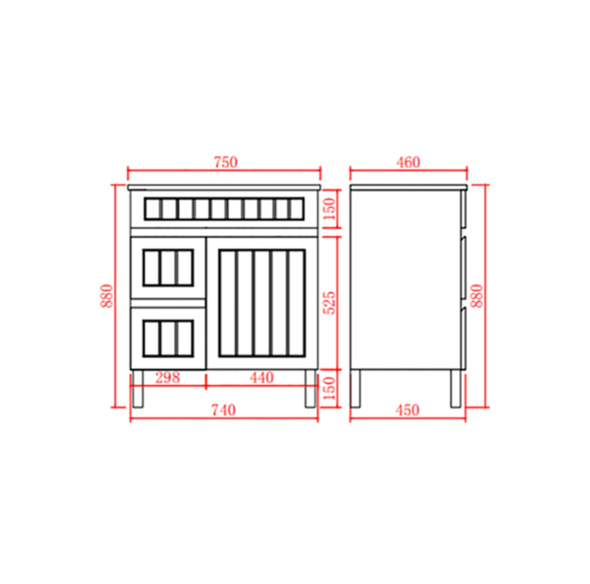 acacia left hand drawer free standing vanity drawing front and side view