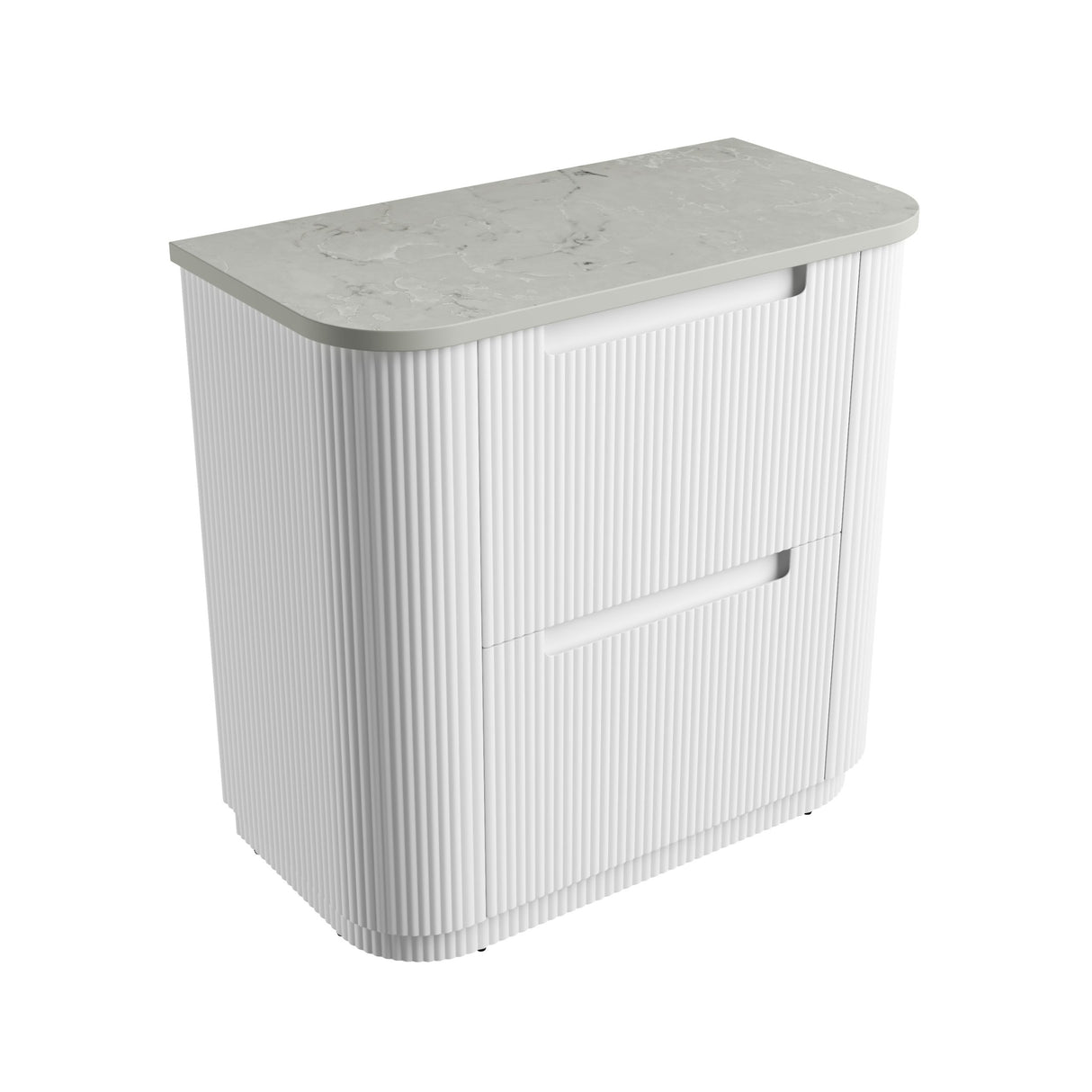 White cabinet with a marble-like top on a white background