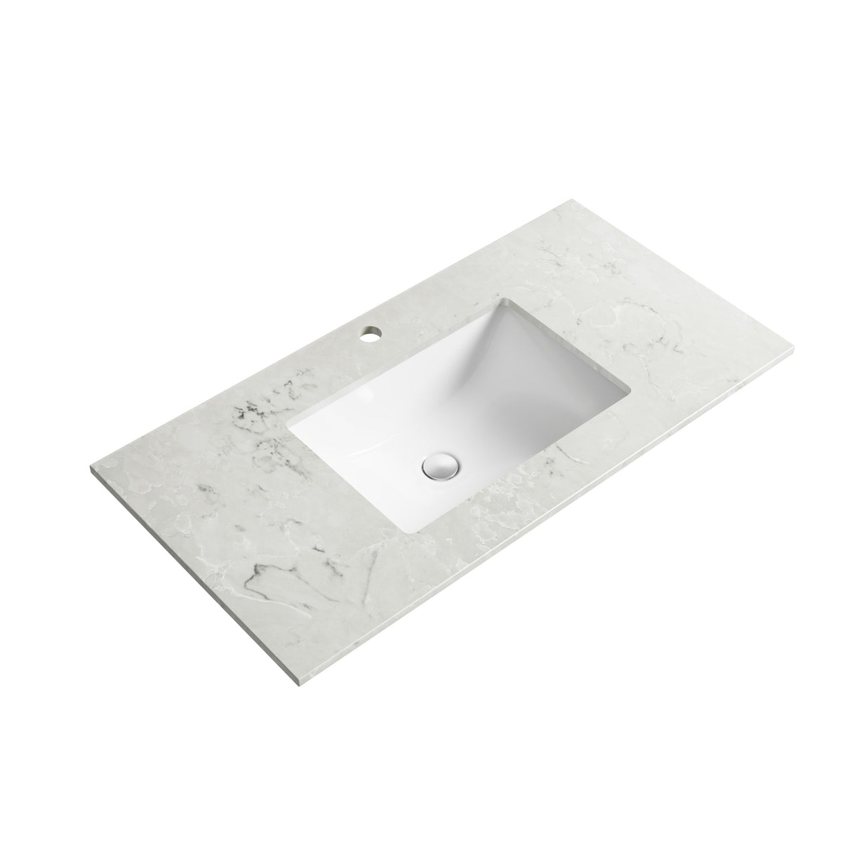 Marble-patterned vanity top with integrated sink on a white background