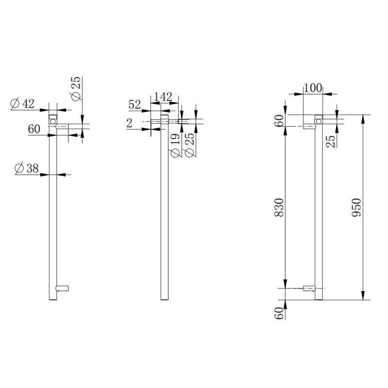 Round Vertical Brushed Brass Electric Heated Towel Rack – Single Bar drawing details