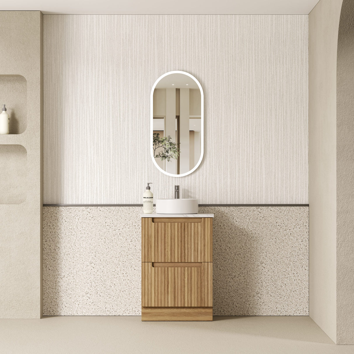 Bathroom with Lovina 600mm Harvest Oak Floor Standing Vanity and mirror