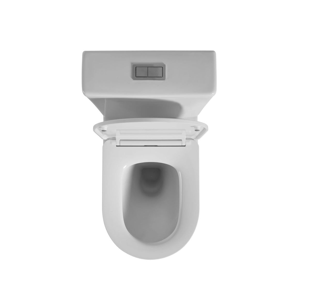A white wall-mounted toilet with an open seat and a rectangular flush button on the backplate, shown against a plain white background.