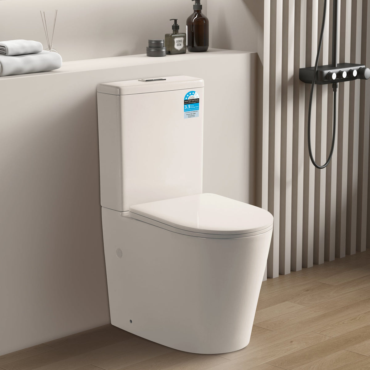 Modern toilet in a bathroom setting with a neutral color scheme.