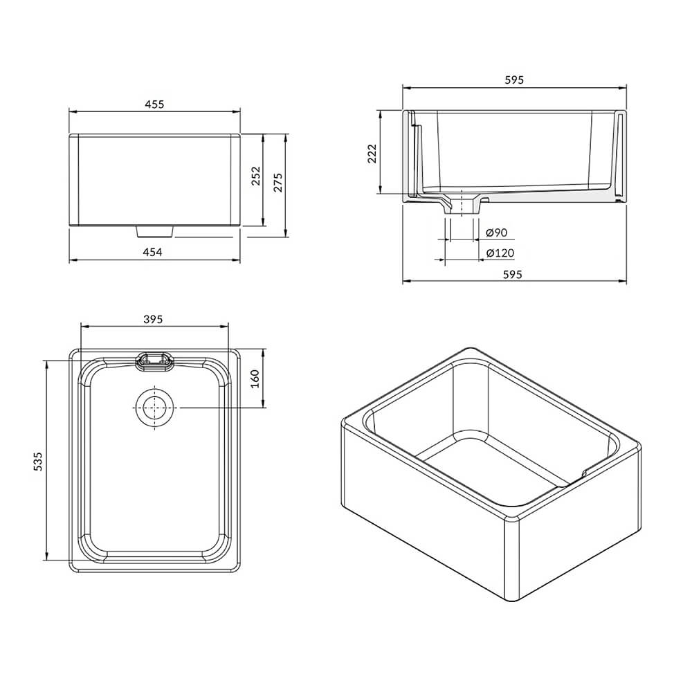 Technical drawing of a kitchen sink with dimensions