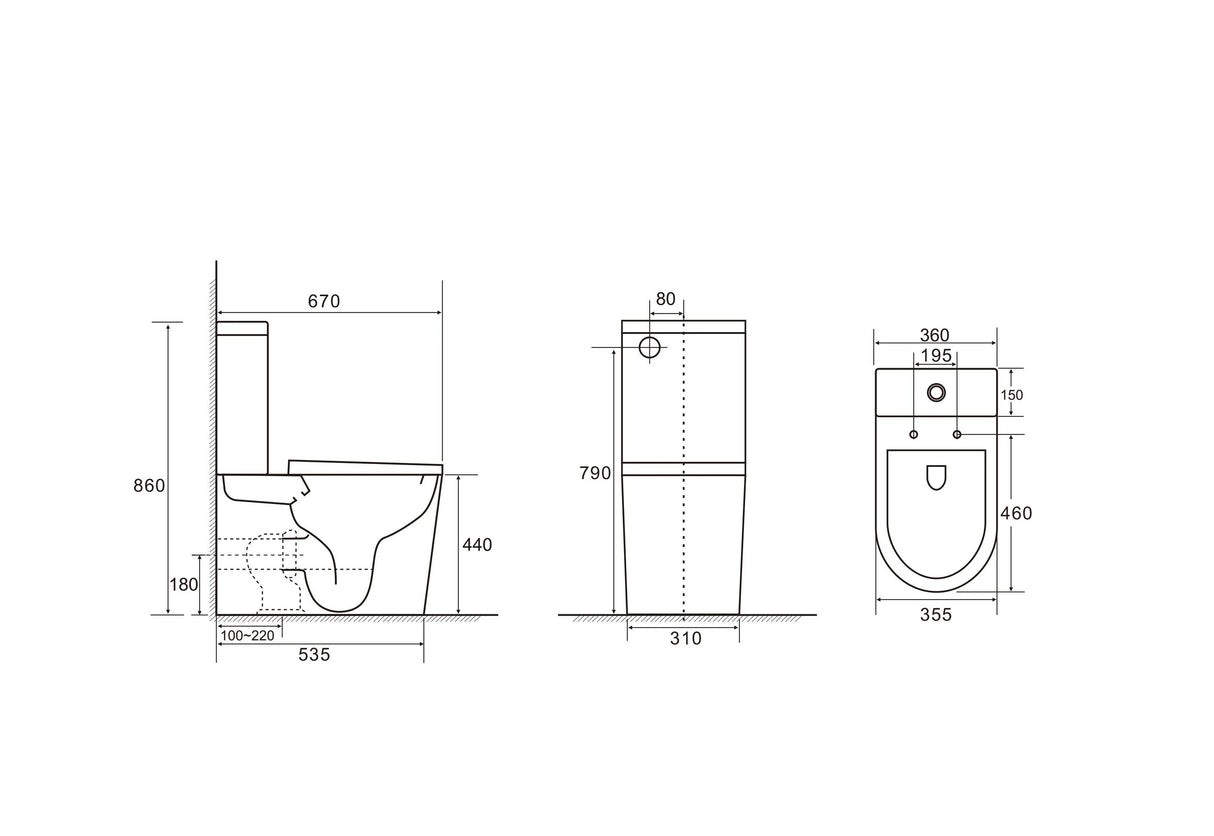 Technical drawing of a toilet with dimensions on a white background