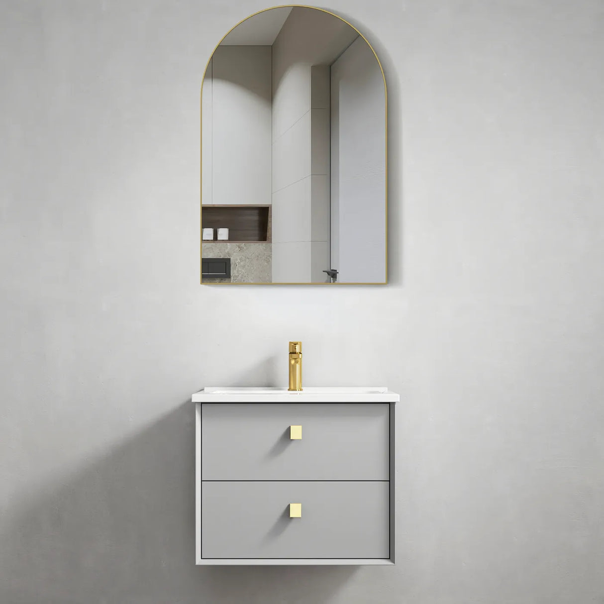 Bathroom vanity with two drawers and a mirror on a gray wall.