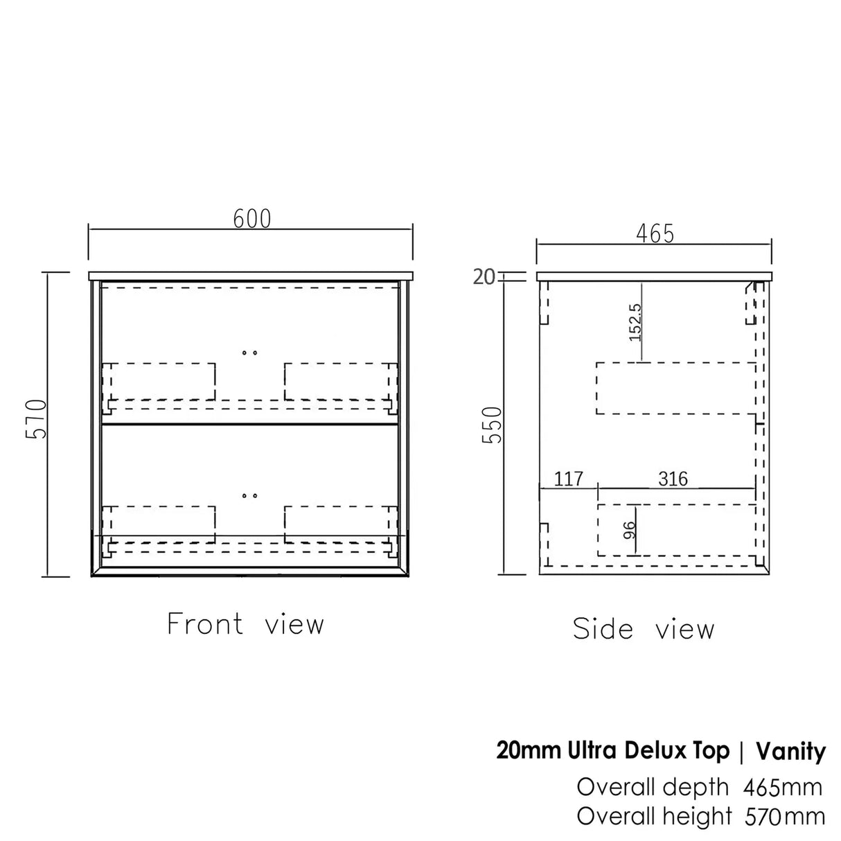 Technical drawing of a vanity with dimensions labeled