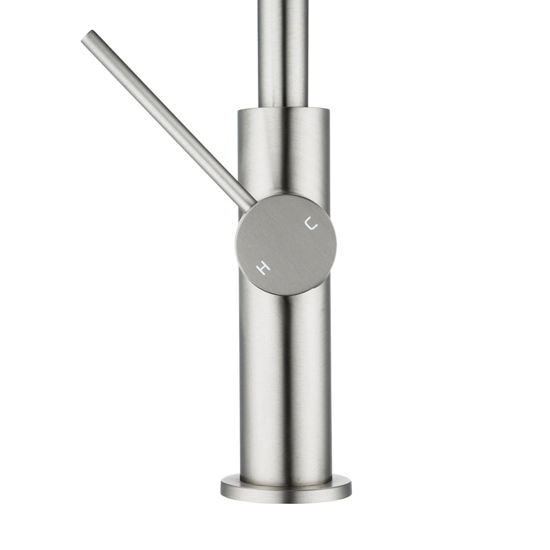 Brushed Nickel kitchen faucet on a white background