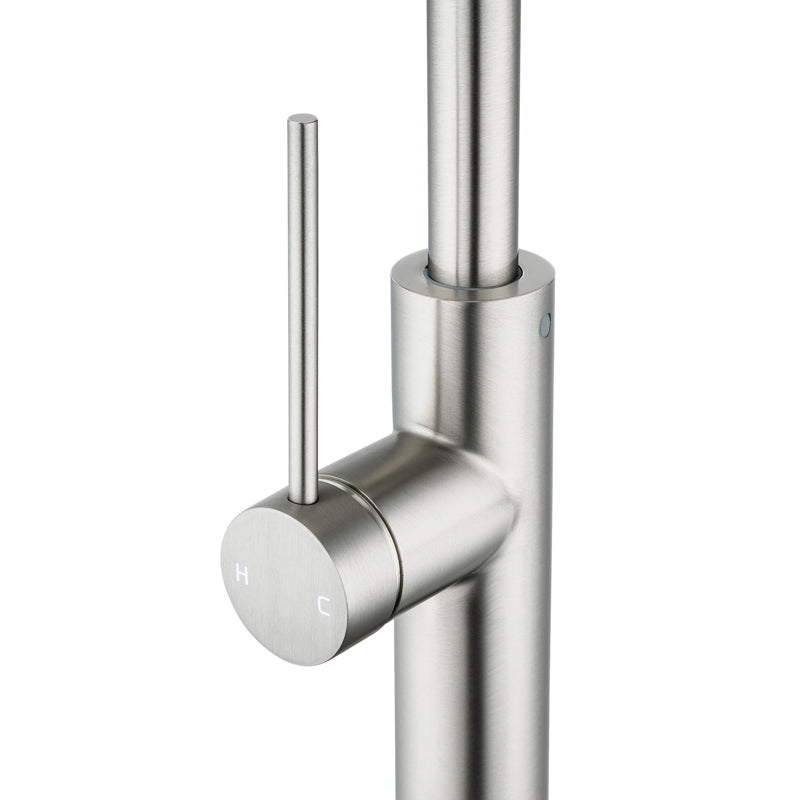 Brushed nickel kitchen faucet on a white background