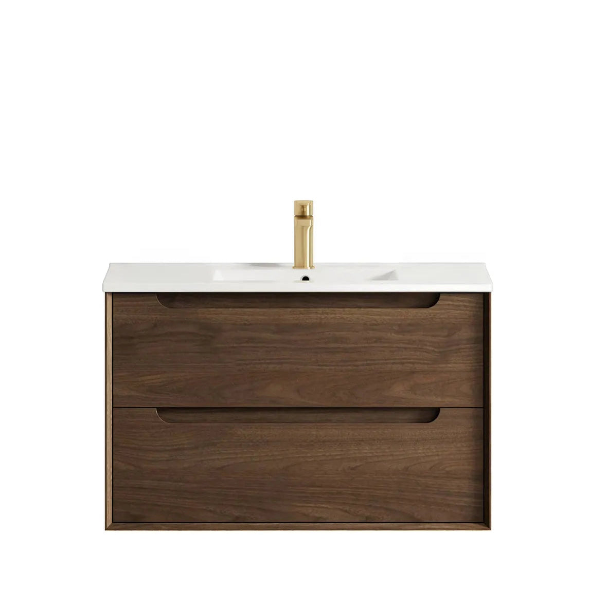 Wooden bathroom vanity with white countertop and gold faucet on a white background