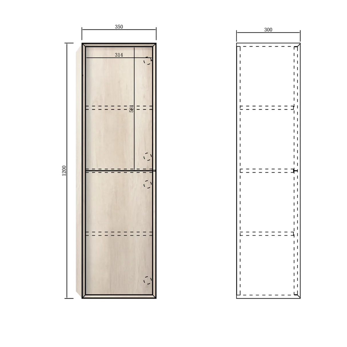 Technical drawing of a cabinet with dimensions
