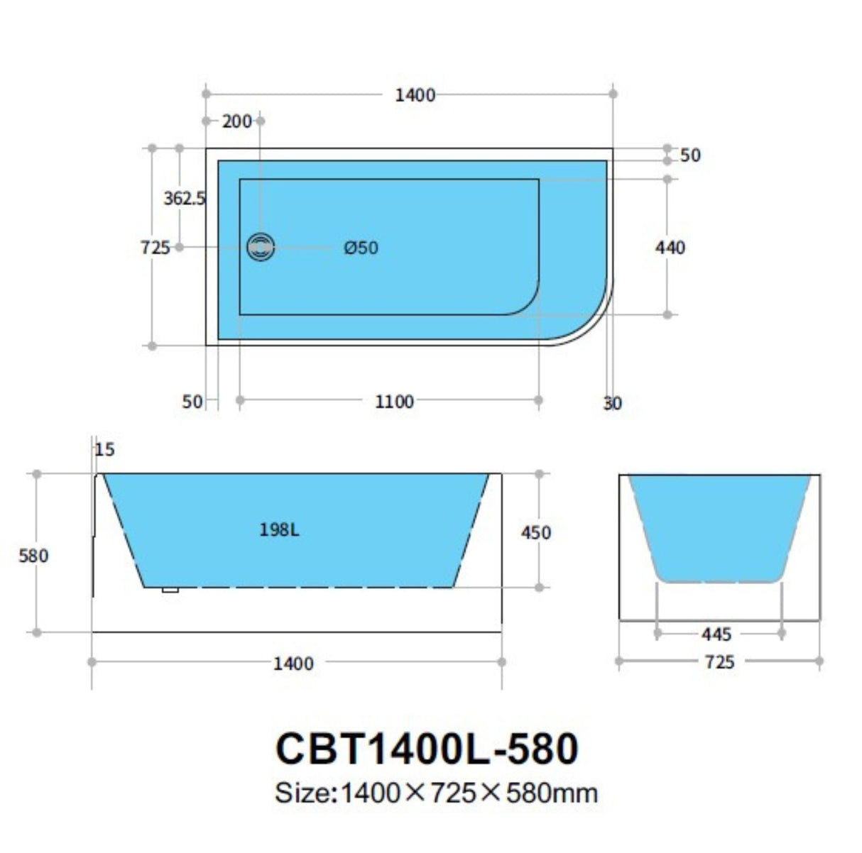 Technical drawing of a bathtub with dimensions labeled