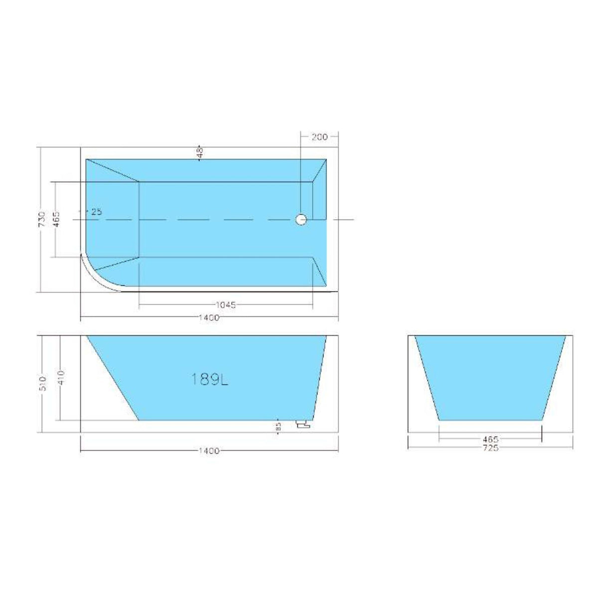 Technical drawing of a blue container with dimensions on a white background