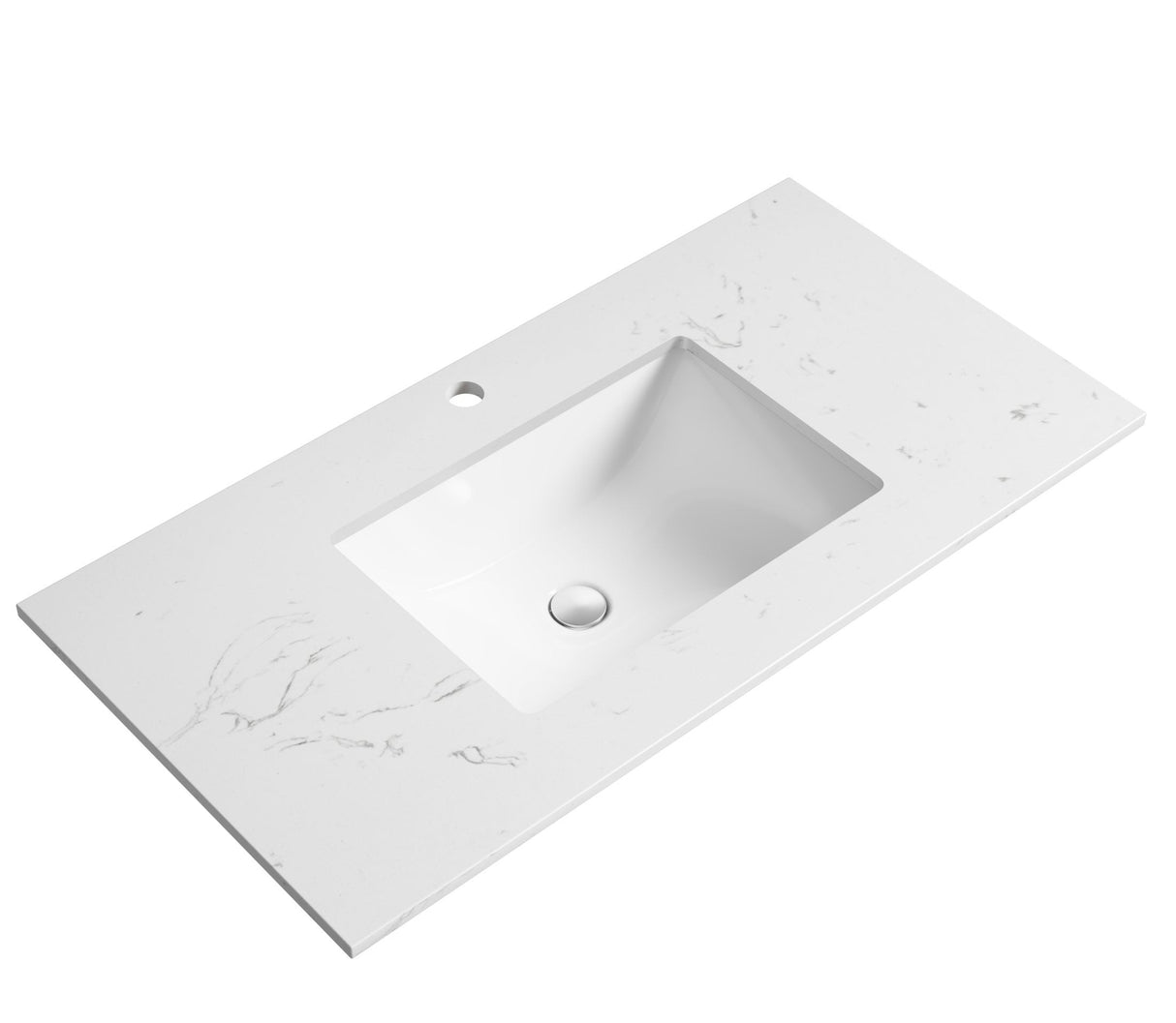 White marble countertop with integrated sink on a white background