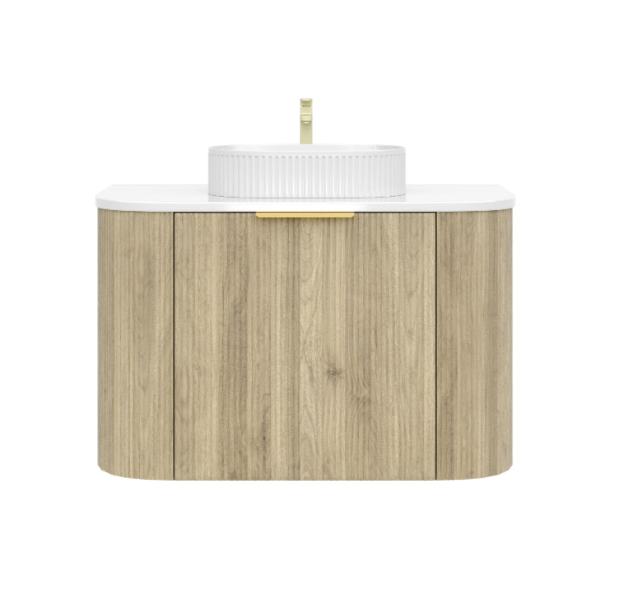 Bathroom vanity with wooden finish and white countertop on a white background