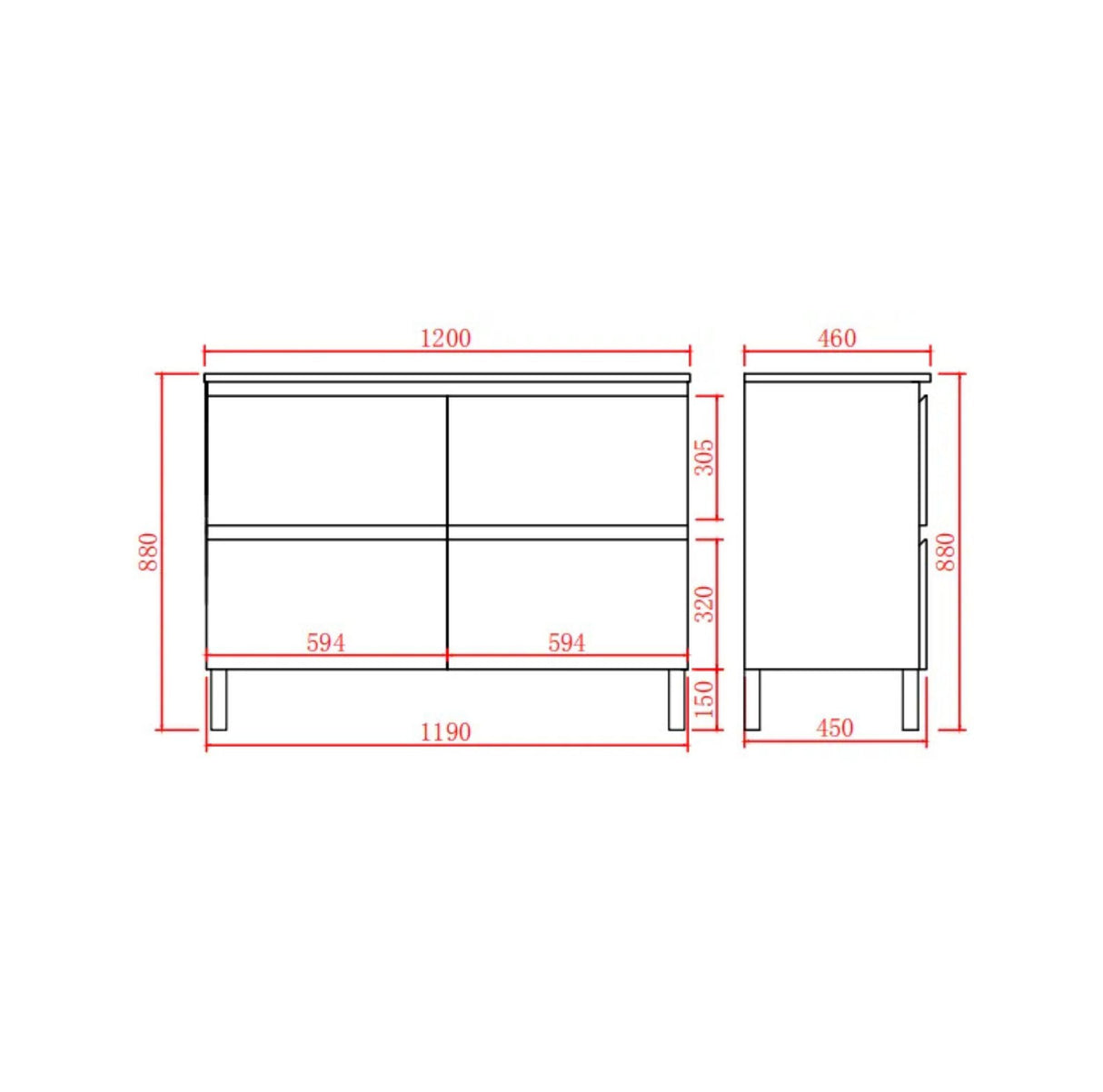 Technical drawing of a free standing vanity with dimensions labeled