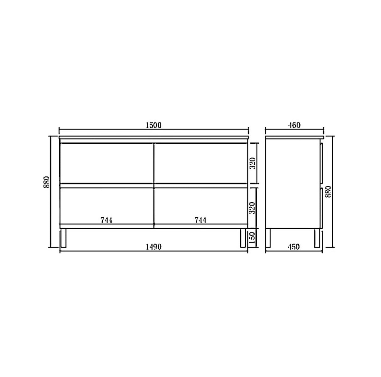 Technical drawing of a 1500mm free standing vanity with dimensions labeled