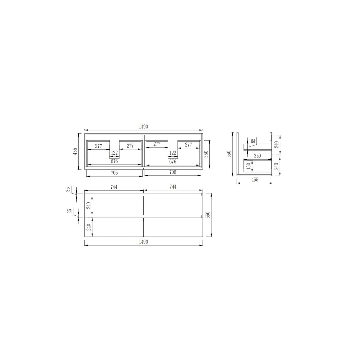 drawing of vanity 1500mm wall hung