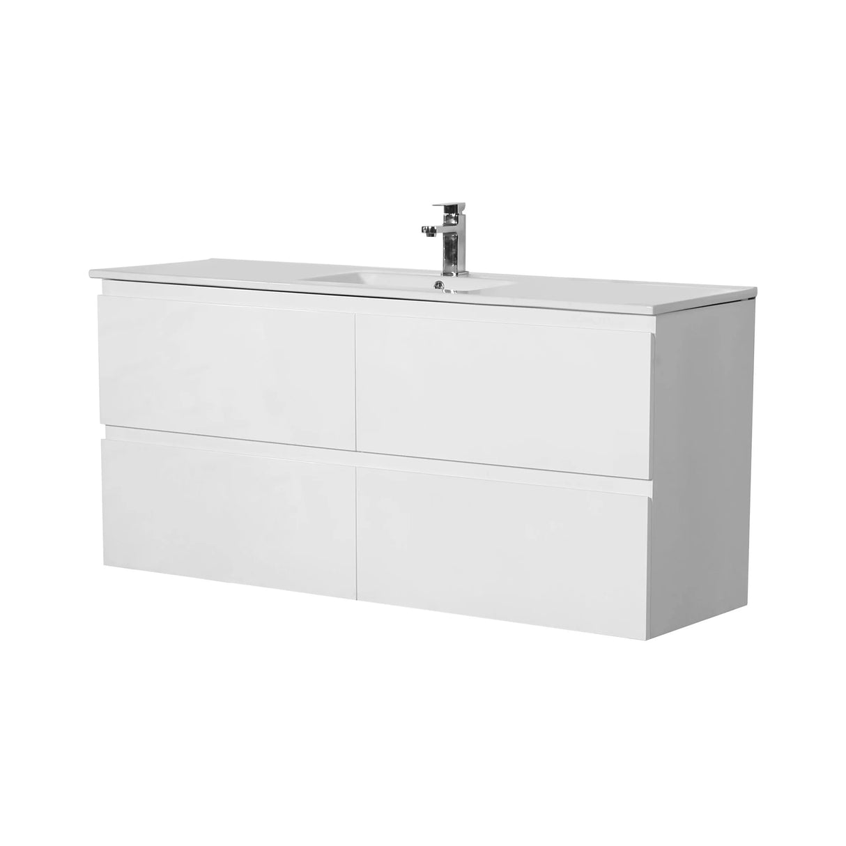 White bathroom vanity with sink on a white background
