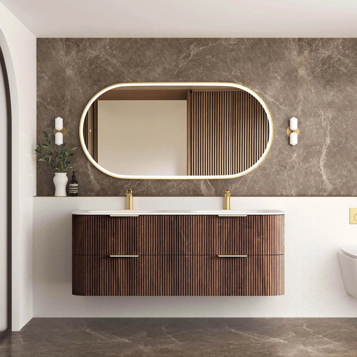 Bathroom vanity with wooden cabinet, mirror, and decorative elements.