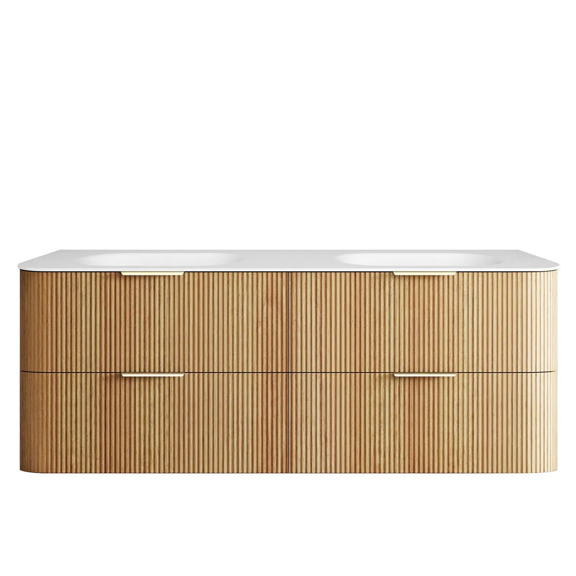 Wooden bathroom vanity with white countertop on a white background