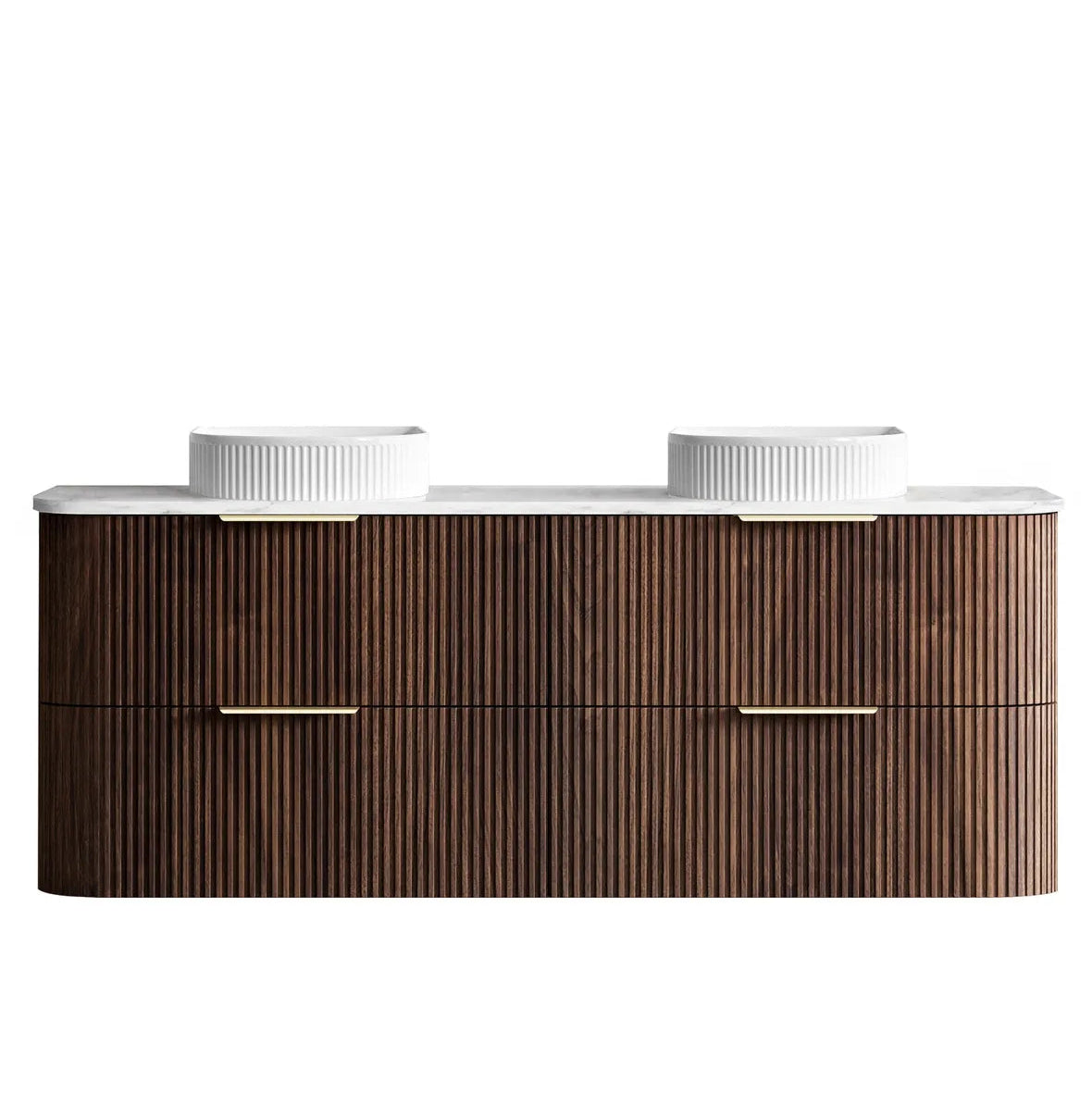 Wooden bathroom vanity with white countertop on a white background
