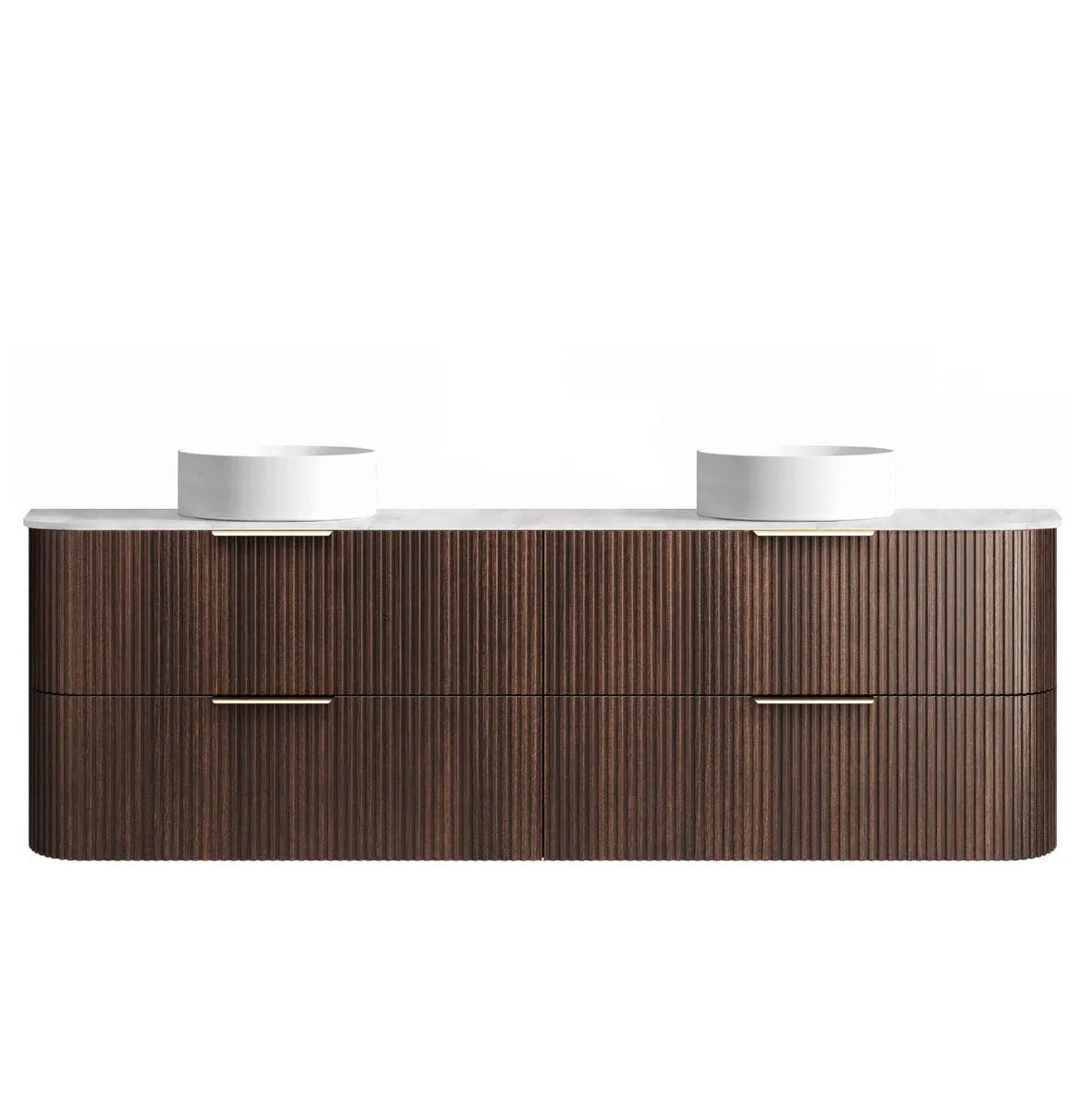 Bathroom vanity with two sinks on a white background
