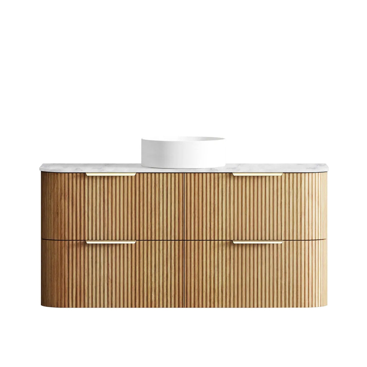 Wooden bathroom vanity with white countertop on a white background