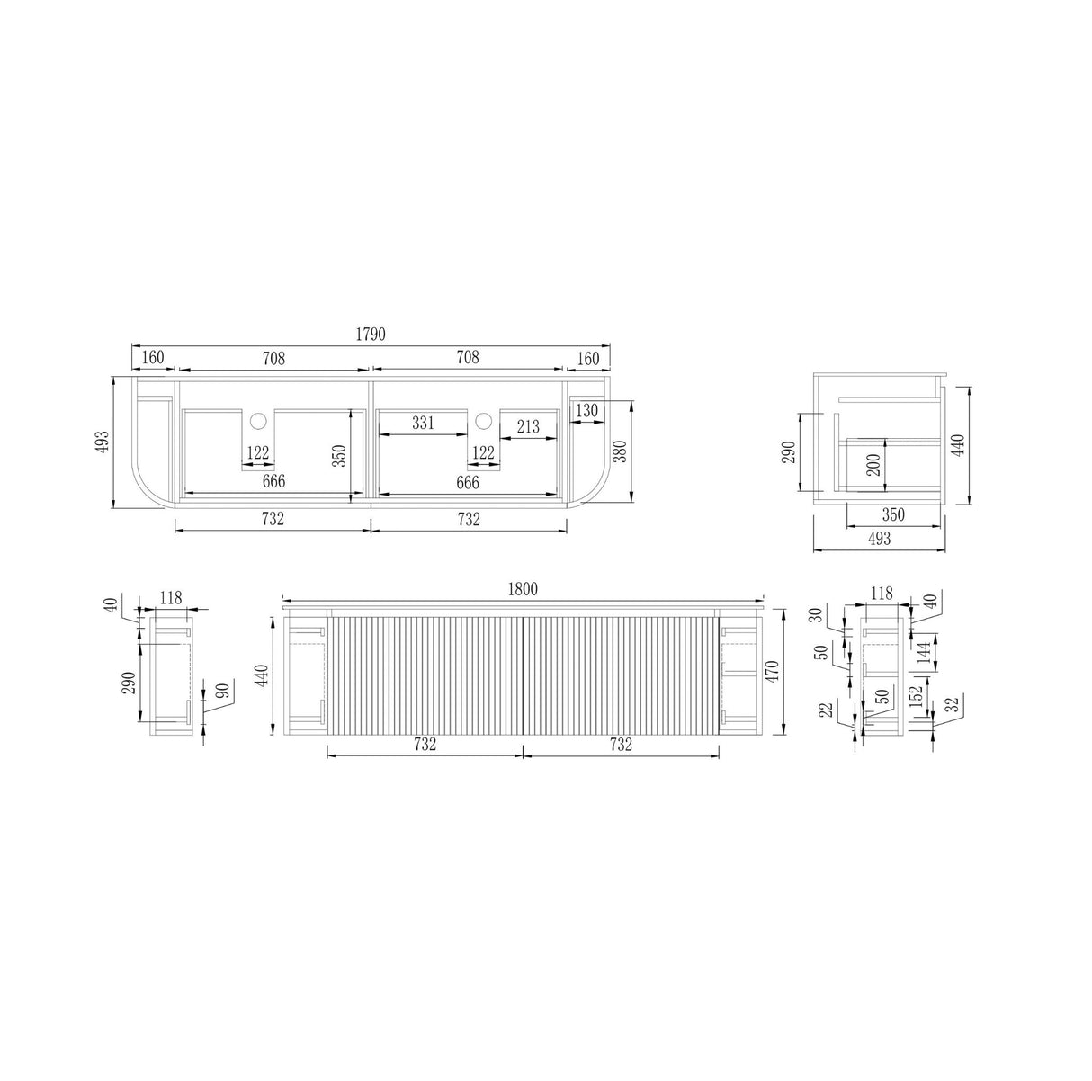 Technical drawing of a wall hung vanity with dimensions on a white background