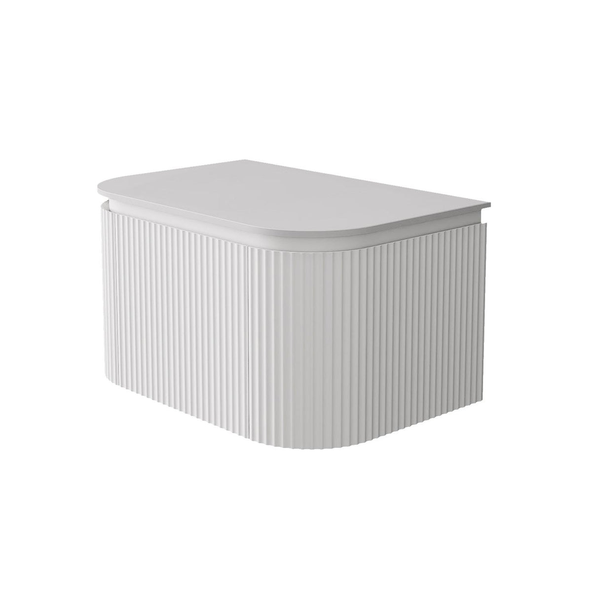 White wall hung vanity with fluted design on a white background