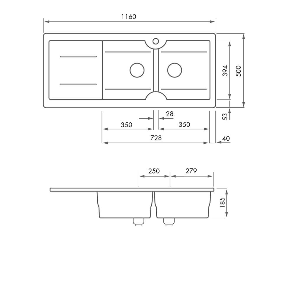 Technical drawing of a kitchen sink with dimensions