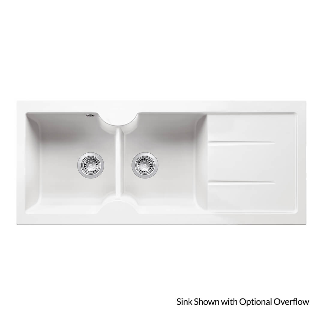 White kitchen sink with two basins on a white background