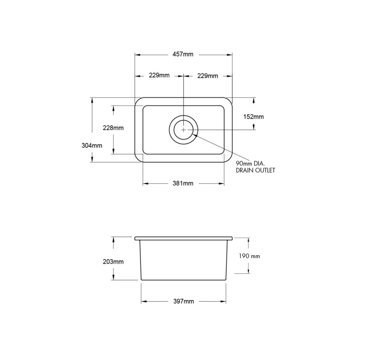 Technical dimension drawing of a rectangular sink or basin with front and side views, showing measurements such as 457mm width, 304mm height, 381mm base, 203mm side height, and 190mm depth, plus a 90mm drain outlet.