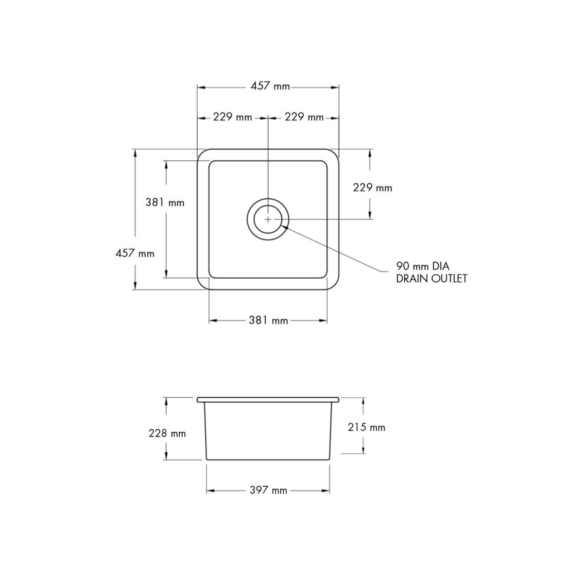 Technical dimension diagram of a square drain assembly, showing top-down and side-profile measurements with labels for outer dimensions and a 90 mm drain outlet on a white background.