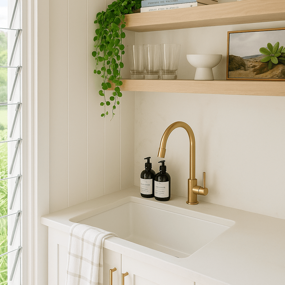 Modern kitchen with a sink, gold faucet, and shelves with decor items.