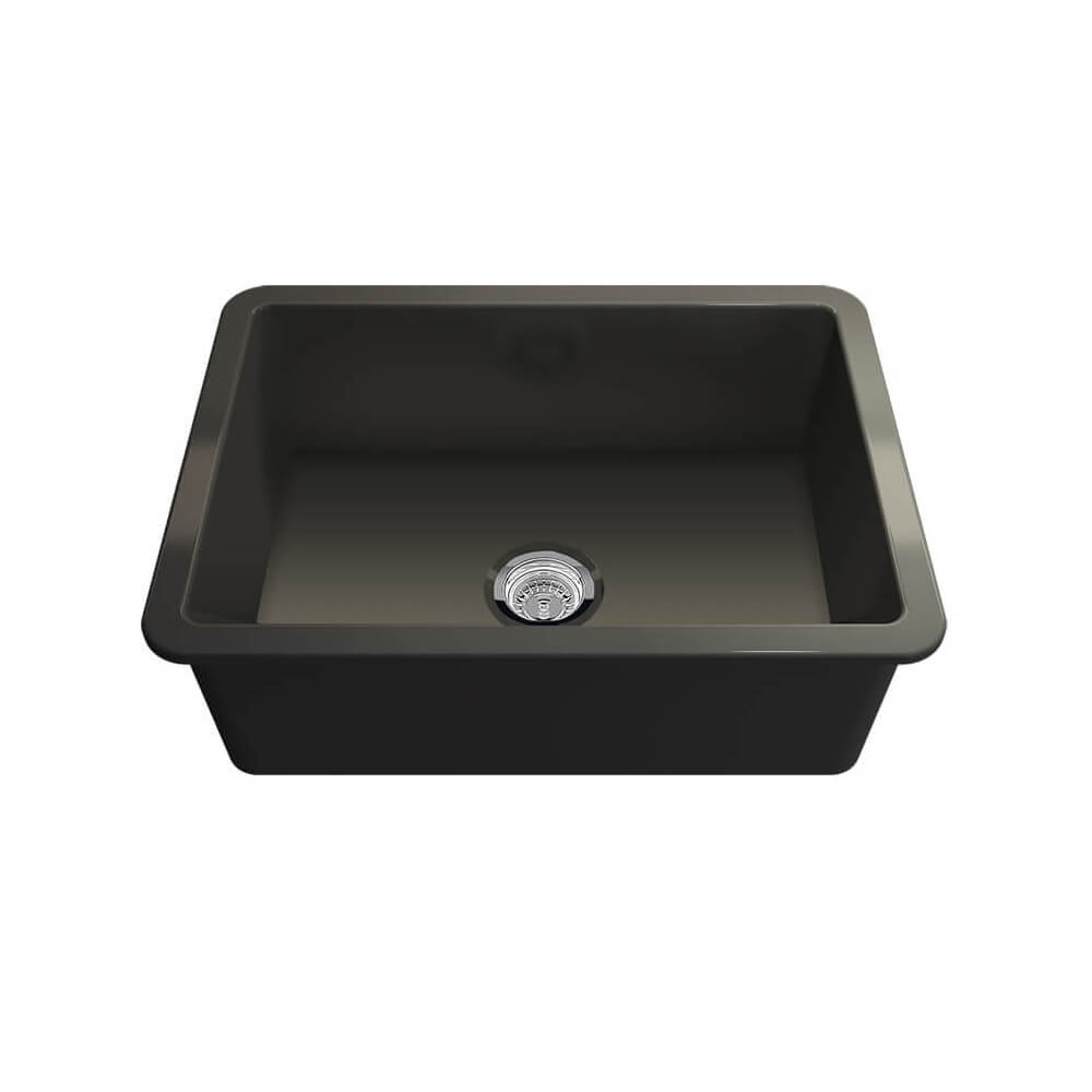 Black kitchen sink with drain on a white background