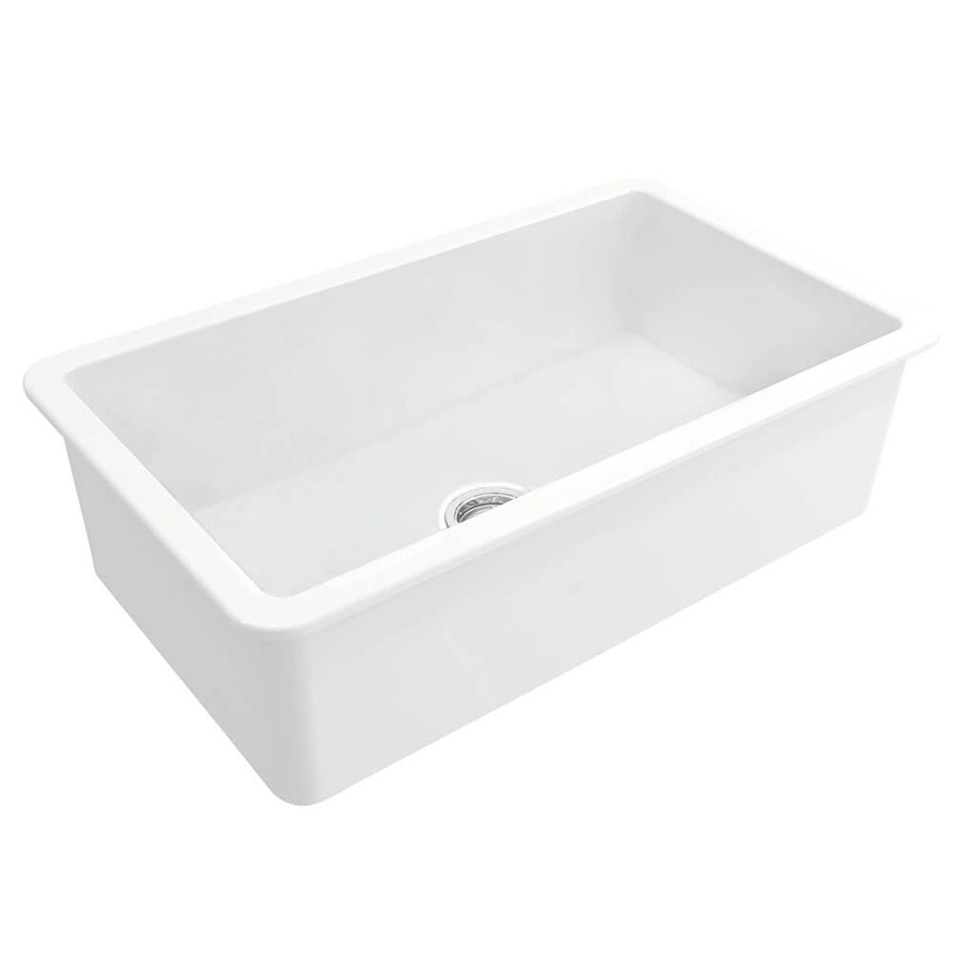 A white rectangular apron-front sink with a rounded rim and a visible drain, shown on a plain white background.