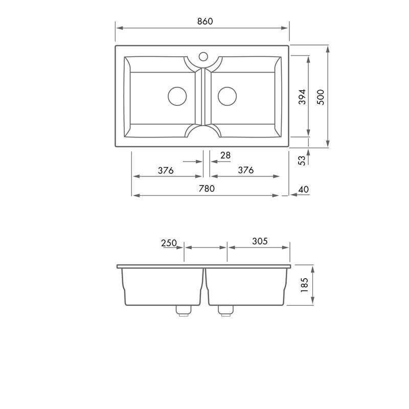 Technical drawing of a kitchen sink with dimensions