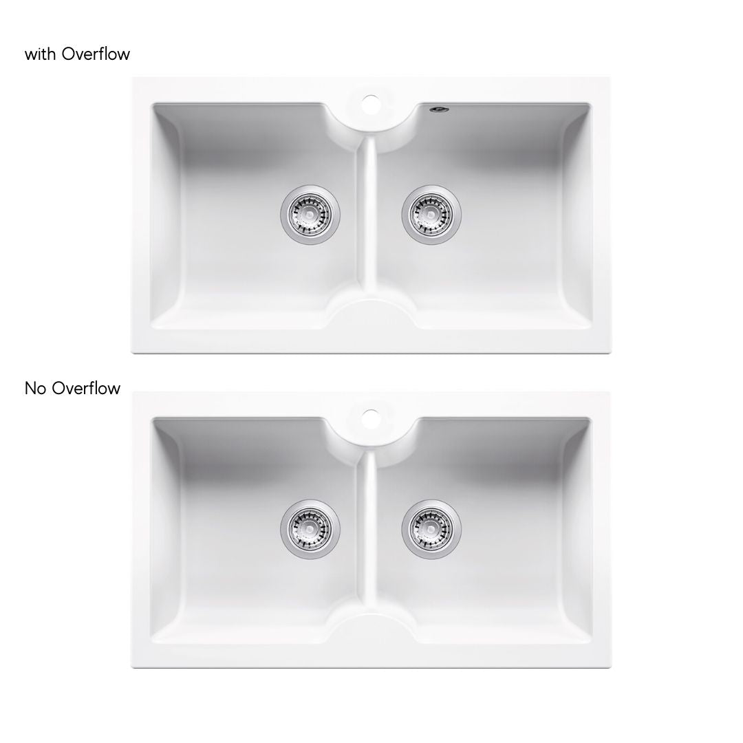 Two white double-basin kitchen sinks shown on a light gray background, stacked vertically with text labels reading 'with Overflow' above and 'No Overflow' below. The top sink has a raised divider and a circular overflow hole at the top center, while the bottom sink does not.